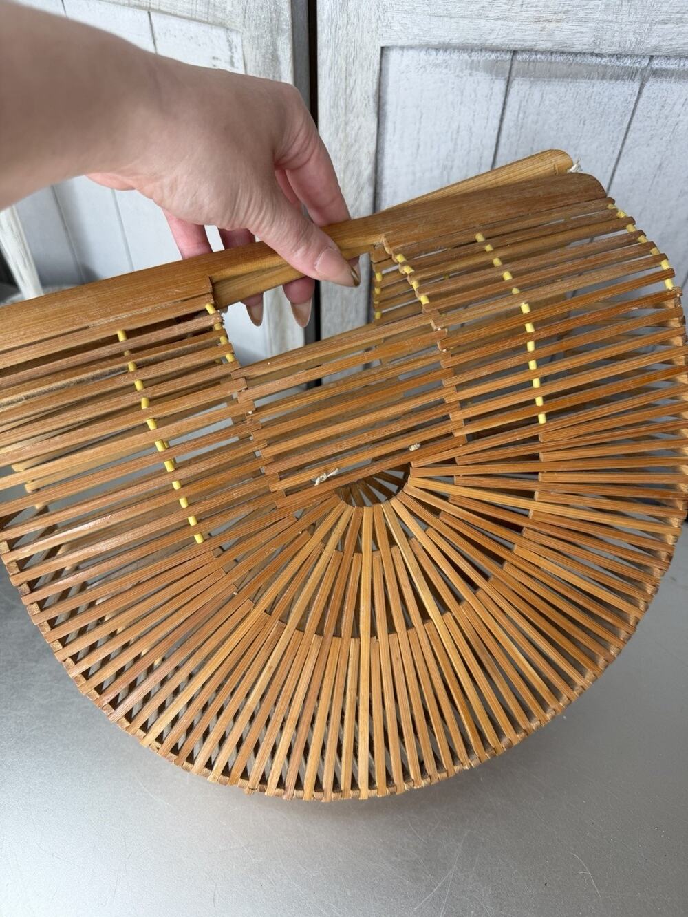 Vintage Bamboo Half Moon Handbag MCM Wooden Purse Boho Fan Shape Bag